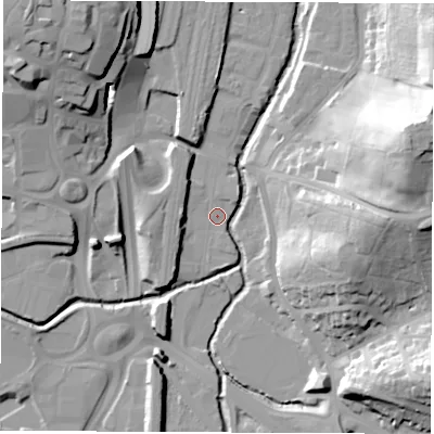 Shaded relief map of the ground around S410DW, computed from Environment Agency LiDAR. The ground here sits at about 74 m above sea level and falls 43 m across the surrounding 800 m. Surface water reaching this point runs off ground lying to the east, 31.2 m higher.