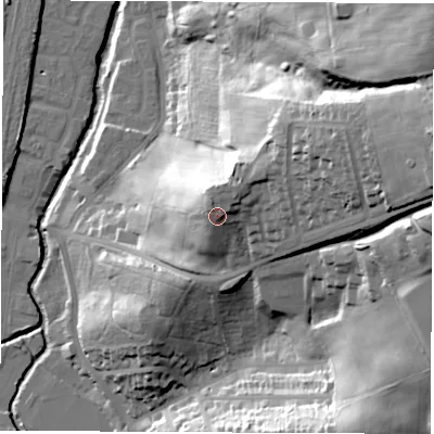 Shaded relief map of the ground around S410DZ, computed from Environment Agency LiDAR. The ground here sits at about 111 m above sea level and falls 68 m across the surrounding 800 m. Surface water reaching this point runs off ground lying to the north-north-east, 2.9 m higher.