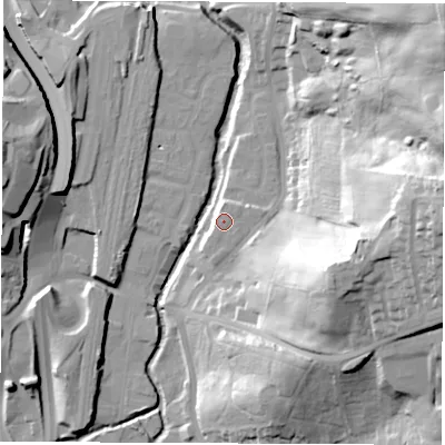 Shaded relief map of the ground around S410EW, computed from Environment Agency LiDAR. The ground here sits at about 79 m above sea level and falls 53 m across the surrounding 800 m. Surface water reaching this point runs off ground lying to the south-west, 0.6 m higher.
