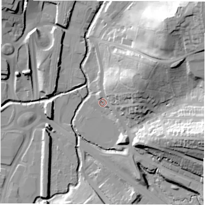 Shaded relief map of the ground around S410EX, computed from Environment Agency LiDAR. The ground here sits at about 75 m above sea level and falls 45 m across the surrounding 800 m. Surface water reaching this point runs off ground lying to the north-east, 24.7 m higher.