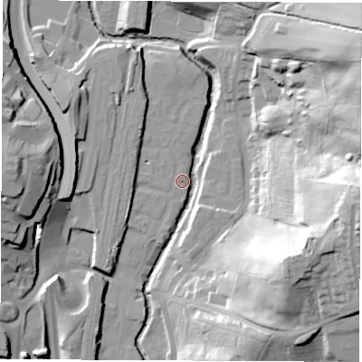 Shaded relief map of the ground around S410FB, computed from Environment Agency LiDAR. The ground here sits at about 75 m above sea level and falls 50 m across the surrounding 800 m. Surface water reaching this point runs off ground lying to the west-south-west, 5.3 m higher.