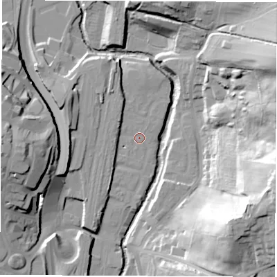 Shaded relief map of the ground around S410FD, computed from Environment Agency LiDAR. The ground here sits at about 75 m above sea level and falls 48 m across the surrounding 800 m. Surface water reaching this point runs off ground lying to the south-south-west, 5.3 m higher.