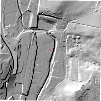 Shaded relief map of the ground around S410FE, computed from Environment Agency LiDAR. The ground here sits at about 74 m above sea level and falls 53 m across the surrounding 800 m. Surface water reaching this point runs off ground lying to the south, 10.1 m higher.