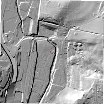 Shaded relief map of the ground around S410FF, computed from Environment Agency LiDAR. The ground here sits at about 74 m above sea level and falls 54 m across the surrounding 800 m. Surface water reaching this point runs off ground lying to the west-south-west, 4.6 m higher.