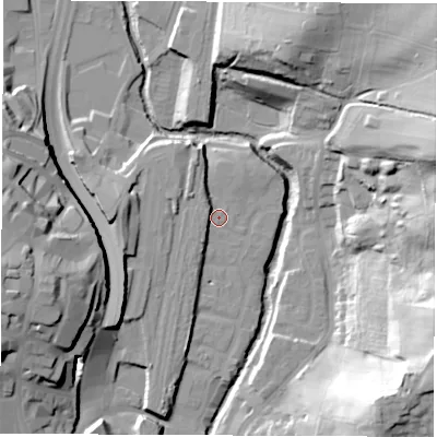 Shaded relief map of the ground around S410FJ, computed from Environment Agency LiDAR. The ground here sits at about 75 m above sea level and falls 45 m across the surrounding 800 m. Surface water reaching this point runs off ground lying to the west, 3.6 m higher.