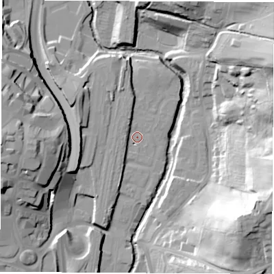 Shaded relief map of the ground around S410FL, computed from Environment Agency LiDAR. The ground here sits at about 75 m above sea level and falls 45 m across the surrounding 800 m. Surface water reaching this point runs off ground lying to the south-west, 4.8 m higher.