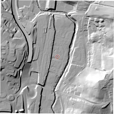 Shaded relief map of the ground around S410FN, computed from Environment Agency LiDAR. The ground here sits at about 75 m above sea level and falls 45 m across the surrounding 800 m. Surface water reaching this point runs off ground lying to the south-west, 4.5 m higher.