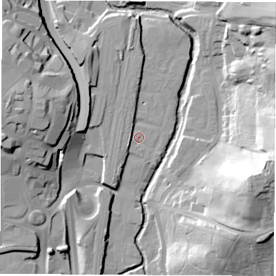 Shaded relief map of the ground around S410FP, computed from Environment Agency LiDAR. The ground here sits at about 75 m above sea level and falls 44 m across the surrounding 800 m. Surface water reaching this point runs off ground lying to the west-south-west, 3.7 m higher.