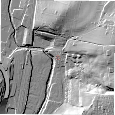 Shaded relief map of the ground around S410FR, computed from Environment Agency LiDAR. The ground here sits at about 78 m above sea level and falls 58 m across the surrounding 800 m. Surface water reaching this point runs off ground lying to the east, 37.0 m higher.