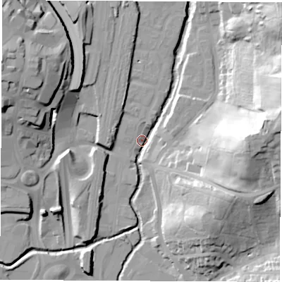 Shaded relief map of the ground around S410FS, computed from Environment Agency LiDAR. The ground here sits at about 73 m above sea level and falls 44 m across the surrounding 800 m. Surface water reaching this point runs off ground lying to the east, 40.7 m higher.