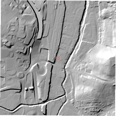Shaded relief map of the ground around S410FT, computed from Environment Agency LiDAR. The ground here sits at about 75 m above sea level and falls 43 m across the surrounding 800 m. Surface water reaching this point runs off ground lying to the north-west, 4.8 m higher.