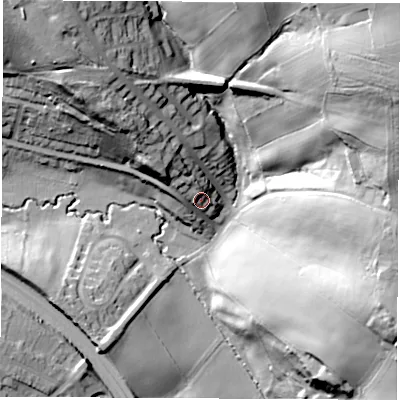 Shaded relief map of the ground around S410HS, computed from Environment Agency LiDAR. The ground here sits at about 90 m above sea level and falls 54 m across the surrounding 800 m. Surface water reaching this point runs off ground lying to the north-west, 10.6 m higher.
