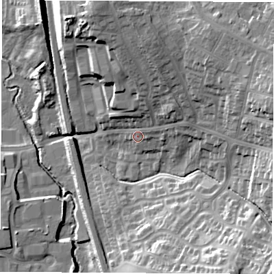 Shaded relief map of the ground around S410PZ, computed from Environment Agency LiDAR. The ground here sits at about 84 m above sea level and falls 31 m across the surrounding 800 m. Surface water reaching this point runs off ground lying to the north-north-west, 15.9 m higher.