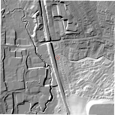 Shaded relief map of the ground around S410RD, computed from Environment Agency LiDAR. The ground here sits at about 80 m above sea level and falls 33 m across the surrounding 800 m. Surface water reaching this point runs off ground lying to the south-east, 27.6 m higher.