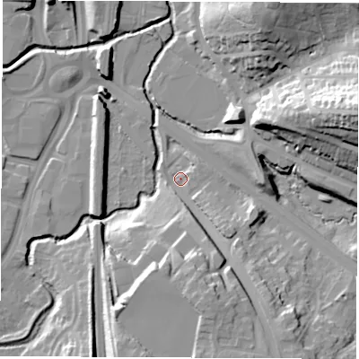 Shaded relief map of the ground around S410RN, computed from Environment Agency LiDAR. The ground here sits at about 76 m above sea level and falls 39 m across the surrounding 800 m. Surface water reaching this point runs off ground lying to the south-south-east, 18.1 m higher.