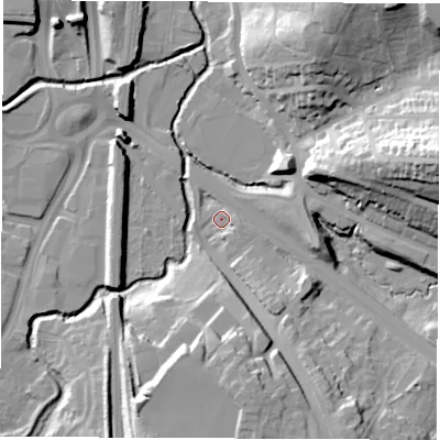 Shaded relief map of the ground around S410RP, computed from Environment Agency LiDAR. The ground here sits at about 76 m above sea level and falls 40 m across the surrounding 800 m. Surface water reaching this point runs off ground lying to the south, 18.2 m higher.