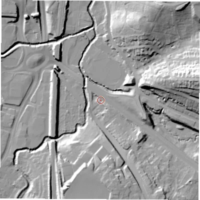 Shaded relief map of the ground around S410RR, computed from Environment Agency LiDAR. The ground here sits at about 76 m above sea level and falls 40 m across the surrounding 800 m. Surface water reaching this point runs off ground lying to the south-south-east, 15.0 m higher.