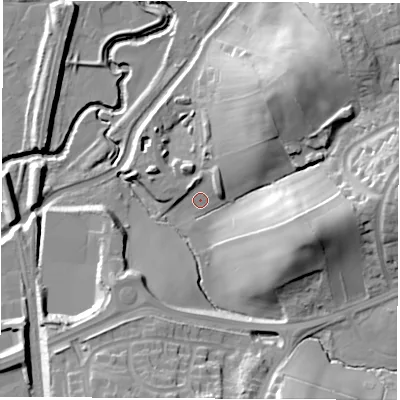 Shaded relief map of the ground around S410UL, computed from Environment Agency LiDAR. The ground here sits at about 69 m above sea level and falls 33 m across the surrounding 800 m. Surface water reaching this point runs off ground lying to the north-east, 5.6 m higher.