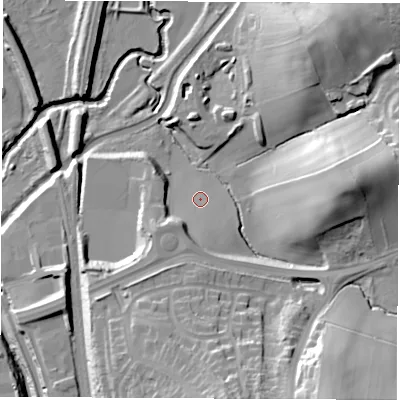 Shaded relief map of the ground around S410UR, computed from Environment Agency LiDAR. The ground here sits at about 70 m above sea level and falls 38 m across the surrounding 800 m. Surface water reaching this point runs off ground lying to the south-west, 11.2 m higher.