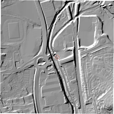 Shaded relief map of the ground around S417JB, computed from Environment Agency LiDAR. The ground here sits at about 69 m above sea level and falls 36 m across the surrounding 800 m. Surface water reaching this point runs off ground lying to the east, 12.8 m higher.