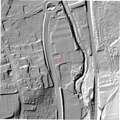 Shaded relief map of the ground around S417LG, computed from Environment Agency LiDAR. The ground here sits at about 70 m above sea level and falls 48 m across the surrounding 800 m. Surface water reaching this point runs off ground lying to the north-east, 1.2 m higher.