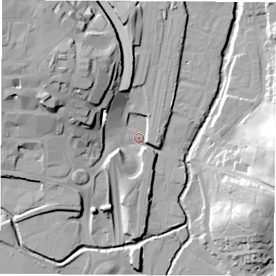 Shaded relief map of the ground around S417RE, computed from Environment Agency LiDAR. The ground here sits at about 75 m above sea level and falls 33 m across the surrounding 800 m. Surface water reaching this point runs off ground lying to the north-west, 25.9 m higher.