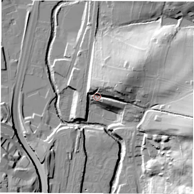 Shaded relief map of the ground around S417UE, computed from Environment Agency LiDAR. The ground here sits at about 78 m above sea level and falls 46 m across the surrounding 800 m. Surface water reaching this point runs off ground lying to the east-north-east, 20.8 m higher.