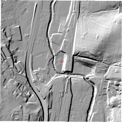 Shaded relief map of the ground around S417UF, computed from Environment Agency LiDAR. The ground here sits at about 71 m above sea level and falls 31 m across the surrounding 800 m. Surface water reaching this point runs off ground lying to the east, 7.0 m higher.