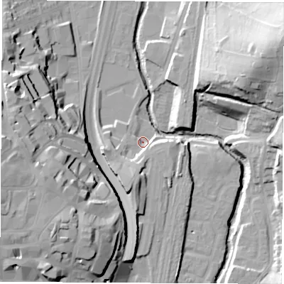 Shaded relief map of the ground around S417UG, computed from Environment Agency LiDAR. The ground here sits at about 72 m above sea level and falls 32 m across the surrounding 800 m. Surface water reaching this point runs off ground lying to the south-south-west, 12.9 m higher.