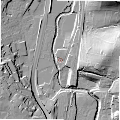 Shaded relief map of the ground around S417UL, computed from Environment Agency LiDAR. The ground here sits at about 72 m above sea level and falls 40 m across the surrounding 800 m. Surface water reaching this point runs off ground lying to the east, 5.5 m higher.