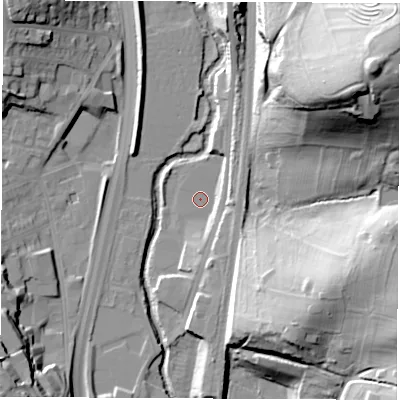 Shaded relief map of the ground around S417UP, computed from Environment Agency LiDAR. The ground here sits at about 70 m above sea level and falls 55 m across the surrounding 800 m. Surface water reaching this point runs off ground lying to the south-east, 28.9 m higher.