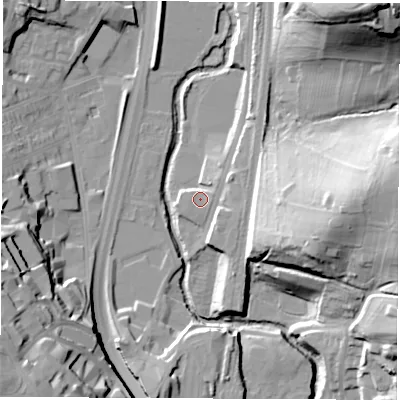 Shaded relief map of the ground around S417UW, computed from Environment Agency LiDAR. The ground here sits at about 73 m above sea level and falls 49 m across the surrounding 800 m. Surface water reaching this point runs off ground lying to the east-north-east, 3.1 m higher.