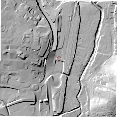 Shaded relief map of the ground around S417UX, computed from Environment Agency LiDAR. The ground here sits at about 77 m above sea level and falls 33 m across the surrounding 800 m. Surface water reaching this point runs off ground lying to the north-west, 20.8 m higher.