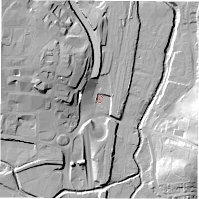Shaded relief map of the ground around S417UY, computed from Environment Agency LiDAR. The ground here sits at about 74 m above sea level and falls 33 m across the surrounding 800 m. Surface water reaching this point runs off ground lying to the north-west, 20.8 m higher.