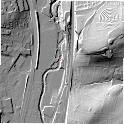 Shaded relief map of the ground around S417UZ, computed from Environment Agency LiDAR. The ground here sits at about 73 m above sea level and falls 58 m across the surrounding 800 m. Surface water reaching this point runs off ground lying to the north-north-east, 7.9 m higher.