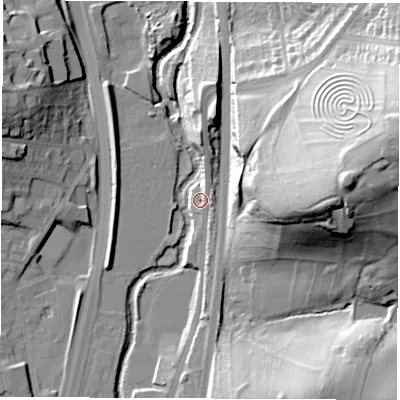 Shaded relief map of the ground around S417WA, computed from Environment Agency LiDAR. The ground here sits at about 73 m above sea level and falls 59 m across the surrounding 800 m. Surface water reaching this point runs off ground lying to the north, 5.8 m higher.