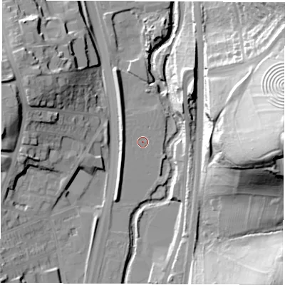 Shaded relief map of the ground around S417WB, computed from Environment Agency LiDAR. The ground here sits at about 71 m above sea level and falls 55 m across the surrounding 800 m. Surface water reaching this point runs off ground lying to the west-north-west, 4.2 m higher.