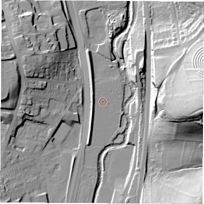Shaded relief map of the ground around S417WD, computed from Environment Agency LiDAR. The ground here sits at about 71 m above sea level and falls 53 m across the surrounding 800 m. Surface water reaching this point runs off ground lying to the west-north-west, 4.0 m higher.
