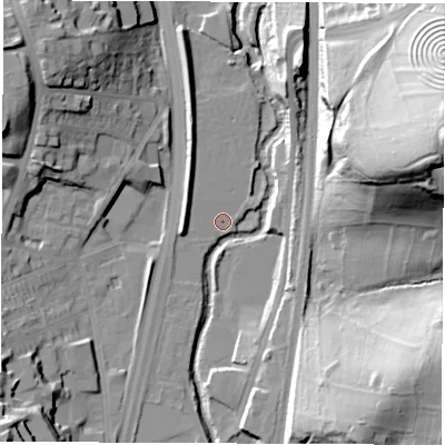 Shaded relief map of the ground around S417WE, computed from Environment Agency LiDAR. The ground here sits at about 71 m above sea level and falls 54 m across the surrounding 800 m. Surface water reaching this point runs off ground lying to the north-north-west, 6.4 m higher.