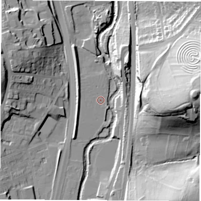 Shaded relief map of the ground around S417WF, computed from Environment Agency LiDAR. The ground here sits at about 71 m above sea level and falls 56 m across the surrounding 800 m. Surface water reaching this point runs off ground lying to the west-north-west, 4.2 m higher.