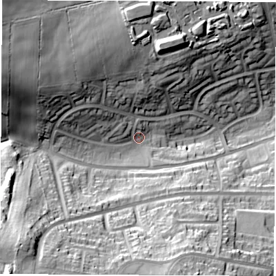 Shaded relief map of the ground around S418BJ, computed from Environment Agency LiDAR. The ground here sits at about 102 m above sea level and falls 45 m across the surrounding 800 m. Surface water reaching this point runs off ground lying to the south-west, 34.1 m higher.