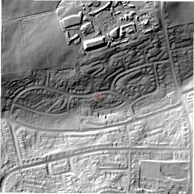 Shaded relief map of the ground around S418BT, computed from Environment Agency LiDAR. The ground here sits at about 102 m above sea level and falls 44 m across the surrounding 800 m. Surface water reaching this point runs off ground lying to the west-north-west, 23.0 m higher.