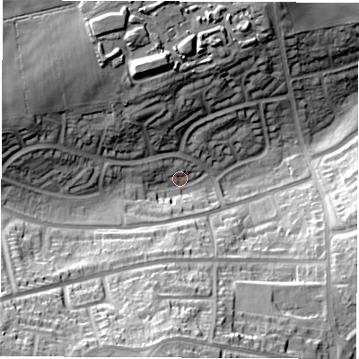 Shaded relief map of the ground around S418BX, computed from Environment Agency LiDAR. The ground here sits at about 98 m above sea level and falls 45 m across the surrounding 800 m. Surface water reaching this point runs off ground lying to the south-west, 28.4 m higher.