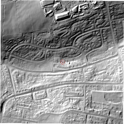 Shaded relief map of the ground around S418BY, computed from Environment Agency LiDAR. The ground here sits at about 100 m above sea level and falls 44 m across the surrounding 800 m. Surface water reaching this point runs off ground lying to the south-west, 35.8 m higher.