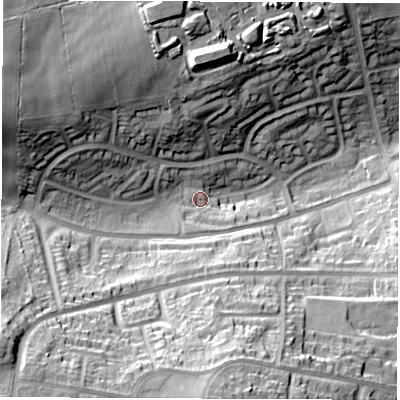 Shaded relief map of the ground around S418BZ, computed from Environment Agency LiDAR. The ground here sits at about 101 m above sea level and falls 44 m across the surrounding 800 m. Surface water reaching this point runs off ground lying to the south-west, 36.0 m higher.