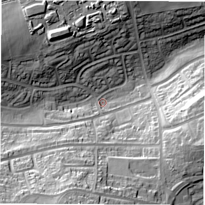 Shaded relief map of the ground around S418DA, computed from Environment Agency LiDAR. The ground here sits at about 96 m above sea level and falls 45 m across the surrounding 800 m. Surface water reaching this point runs off ground lying to the north-west, 23.0 m higher.