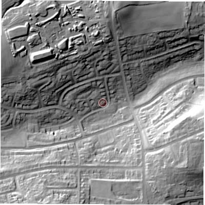 Shaded relief map of the ground around S418DG, computed from Environment Agency LiDAR. The ground here sits at about 97 m above sea level and falls 37 m across the surrounding 800 m. Surface water reaching this point runs off ground lying to the west-north-west, 25.3 m higher.