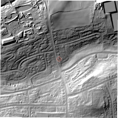 Shaded relief map of the ground around S418HA, computed from Environment Agency LiDAR. The ground here sits at about 95 m above sea level and falls 37 m across the surrounding 800 m. Surface water reaching this point runs off ground lying to the west-north-west, 26.0 m higher.