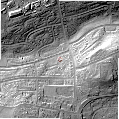 Shaded relief map of the ground around S418HD, computed from Environment Agency LiDAR. The ground here sits at about 99 m above sea level and falls 48 m across the surrounding 800 m. Surface water reaching this point runs off ground lying to the south-west, 34.2 m higher.
