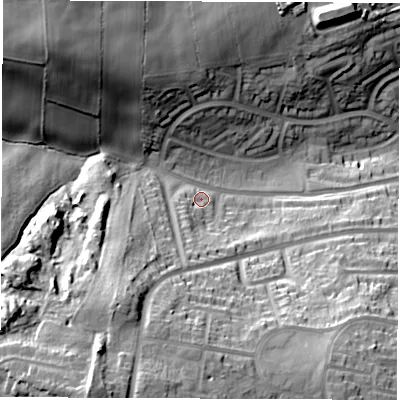 Shaded relief map of the ground around S418HF, computed from Environment Agency LiDAR. The ground here sits at about 109 m above sea level and falls 45 m across the surrounding 800 m. Surface water reaching this point runs off ground lying to the south-west, 29.6 m higher.